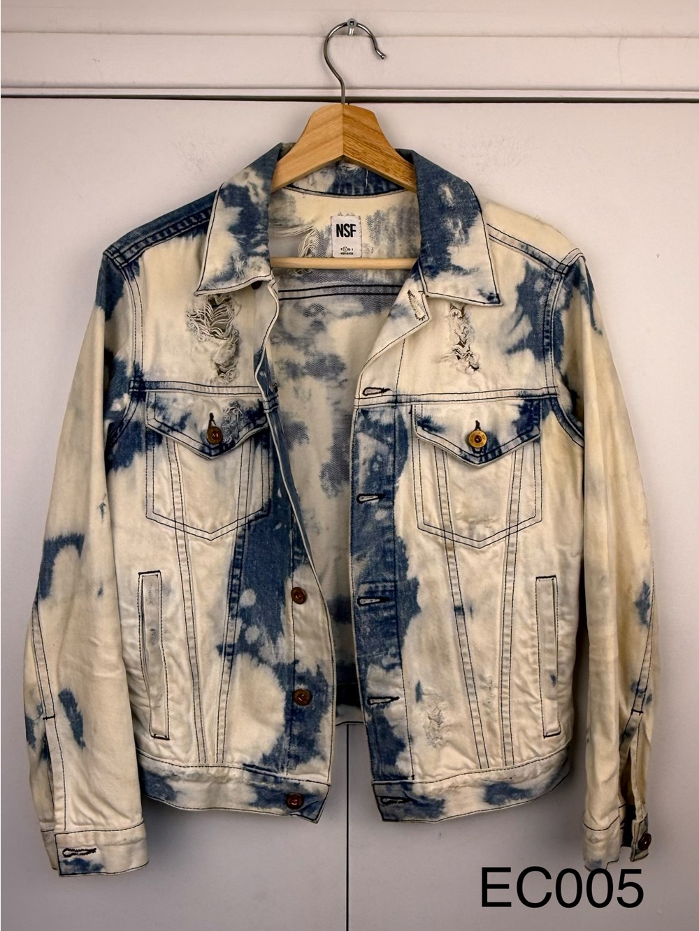 NSF Distressed Bleached Denim Trucker Jacket Blue White S